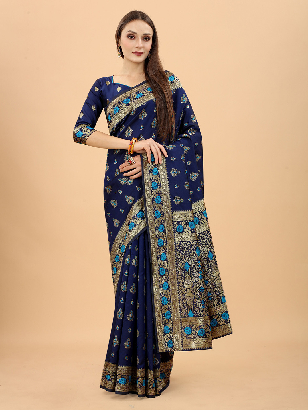 

INDI AVTAAR Navy Blue & Gold-Toned Woven Design Zari Silk Cotton Heavy Work Banarasi Saree