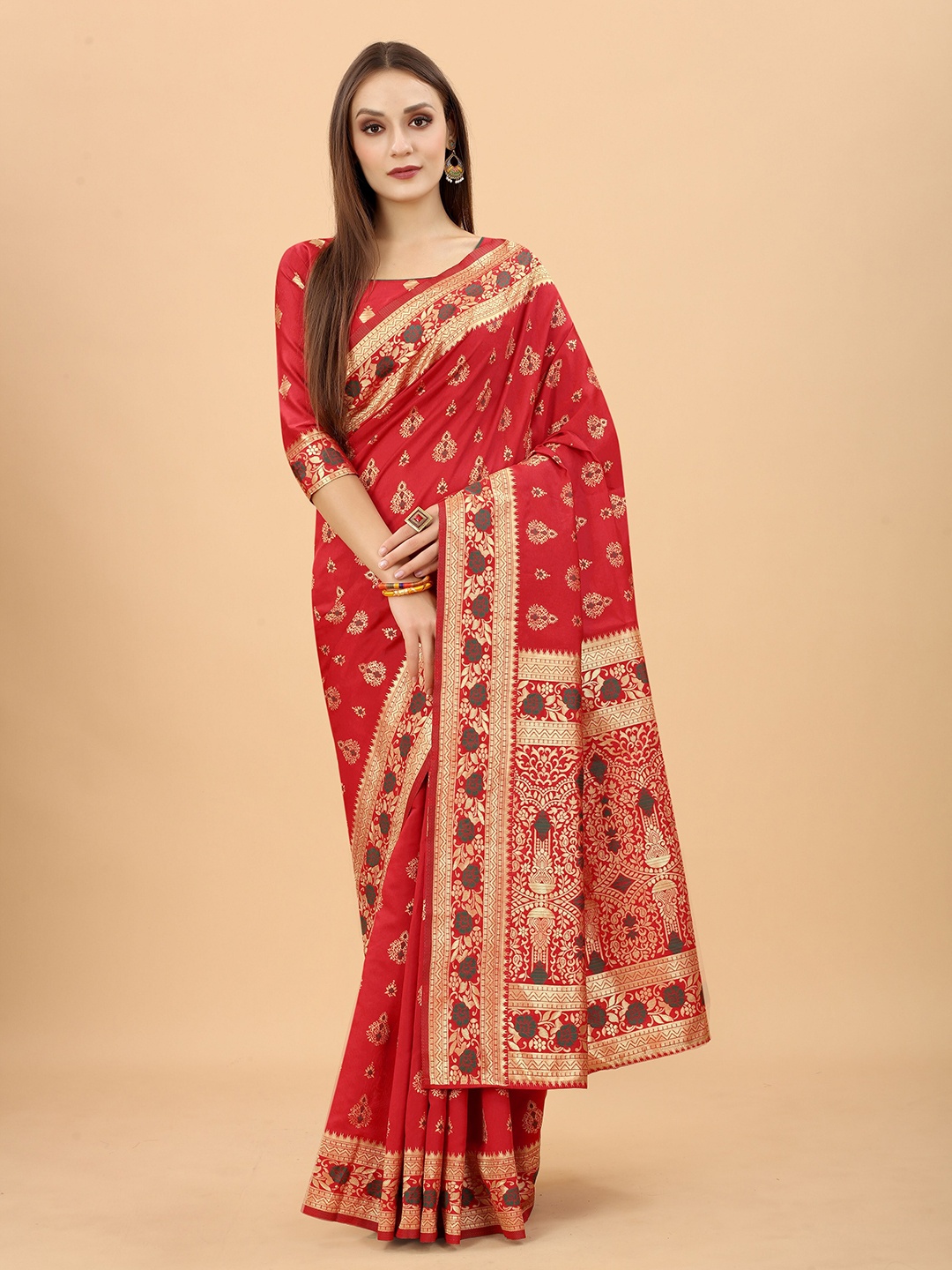 

INDI AVTAAR Red & Gold-Toned Woven Design Zari Silk Cotton Heavy Work Banarasi Saree