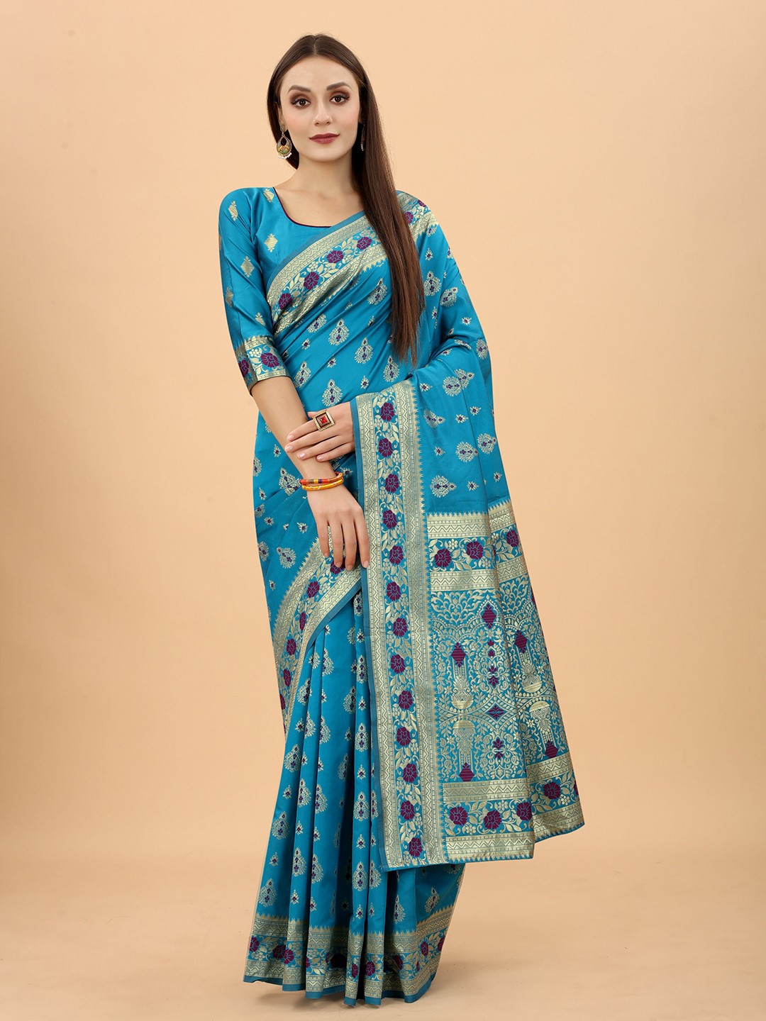

INDI AVTAAR Blue & Gold-Toned Woven Design Zari Silk Cotton Heavy Work Banarasi Saree