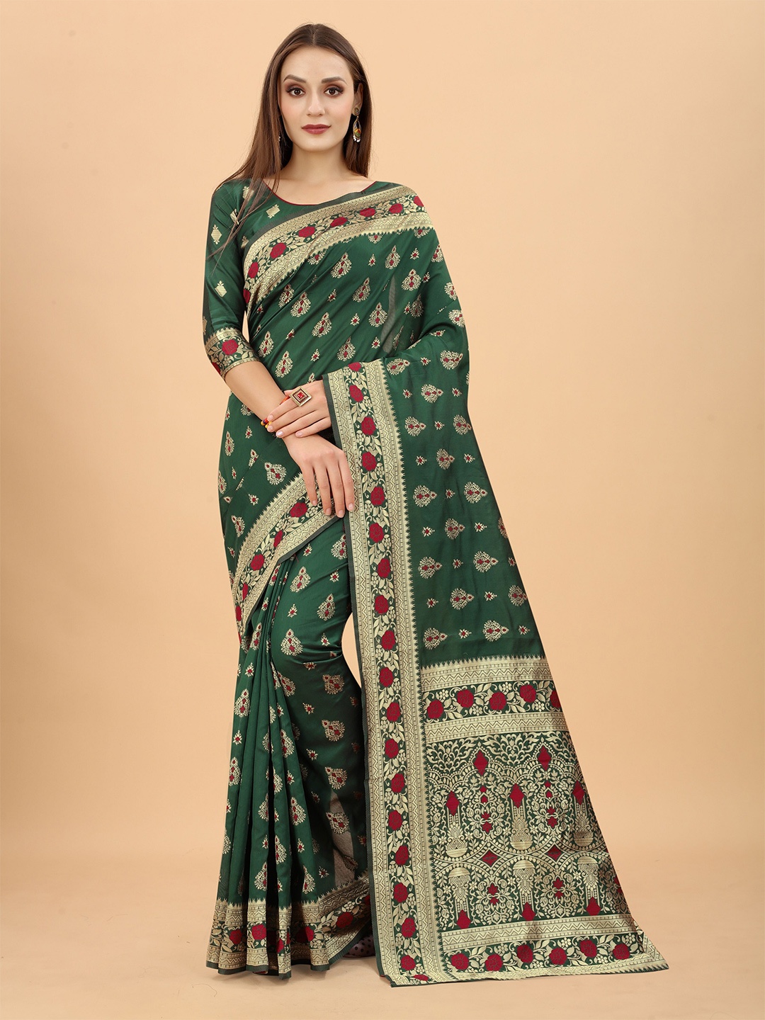 

INDI AVTAAR Green & Red Woven Design Zari Silk Cotton Heavy Work Banarasi Saree