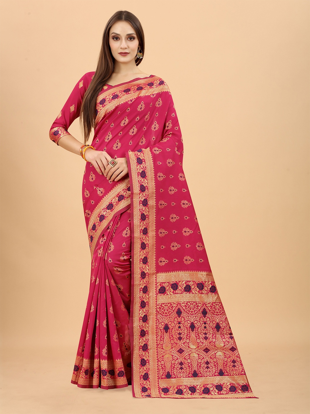 

INDI AVTAAR Pink & Gold-Toned Ethnic Motifs Zari Silk Cotton Heavy Work Banarasi Saree