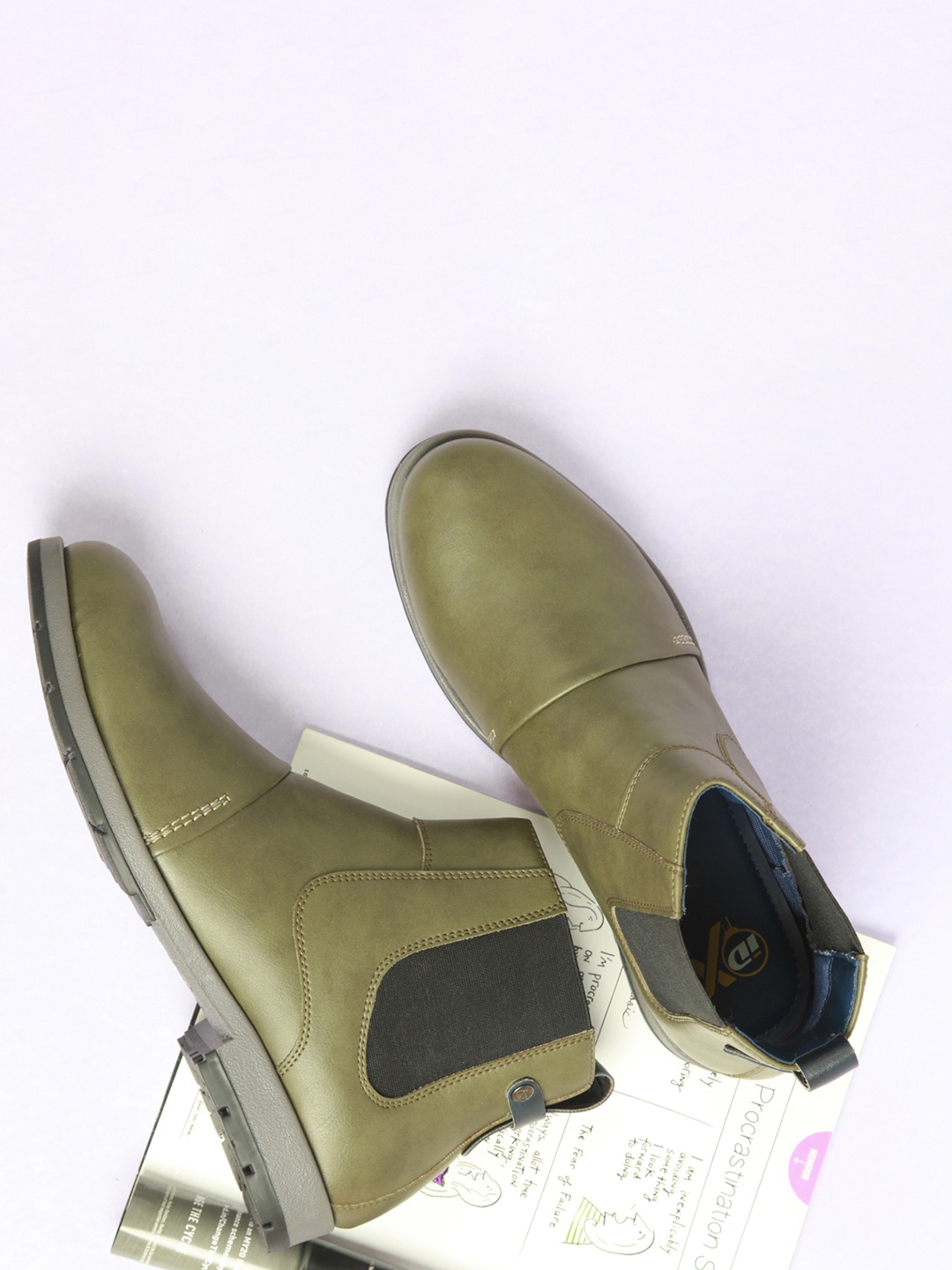 

ID Men Olive-Green Solid Leather Slip-On Boots