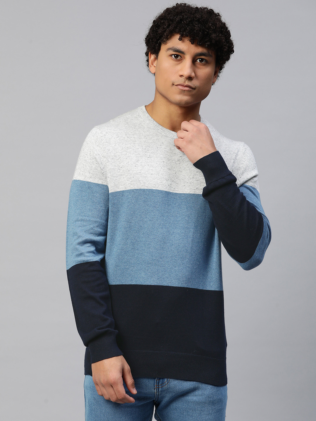 

Marks & Spencer Men Colourblocked Pure Cotton Pullover, Blue