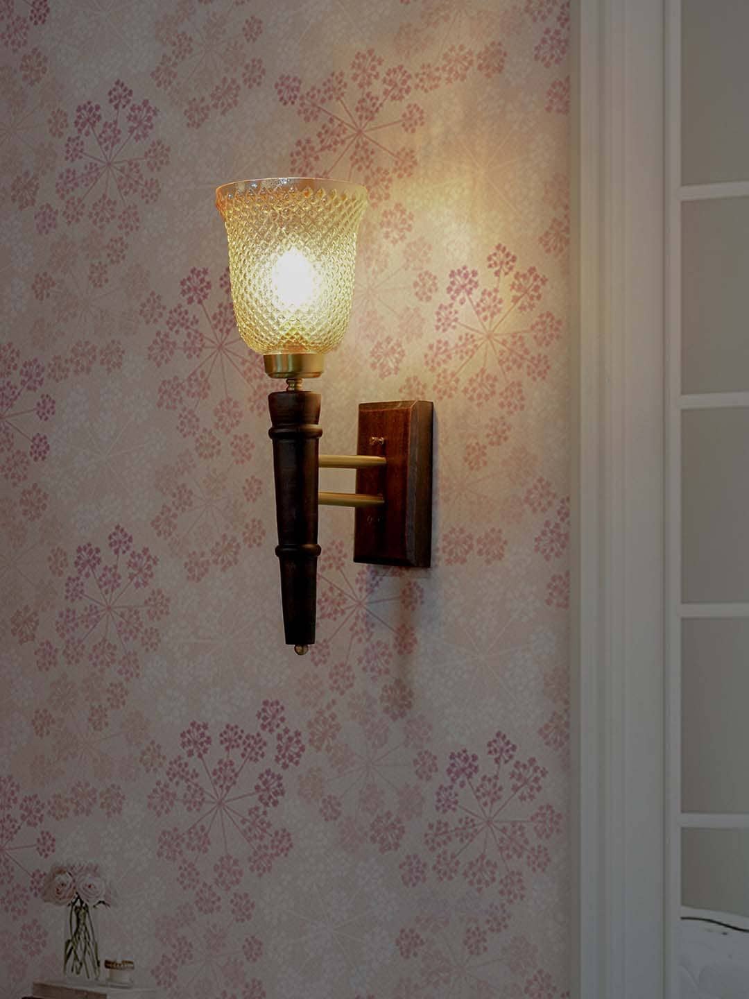 

Fos Lighting Brown & Golden Textured Transitional Wooden Single Light Wall Sconce with Lamp shade