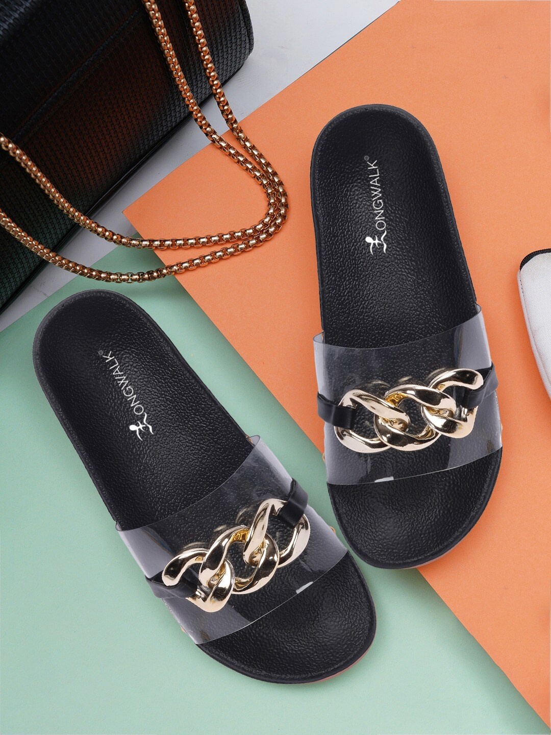

Longwalk Black & Gold-Toned Embellished Flatform Sandals