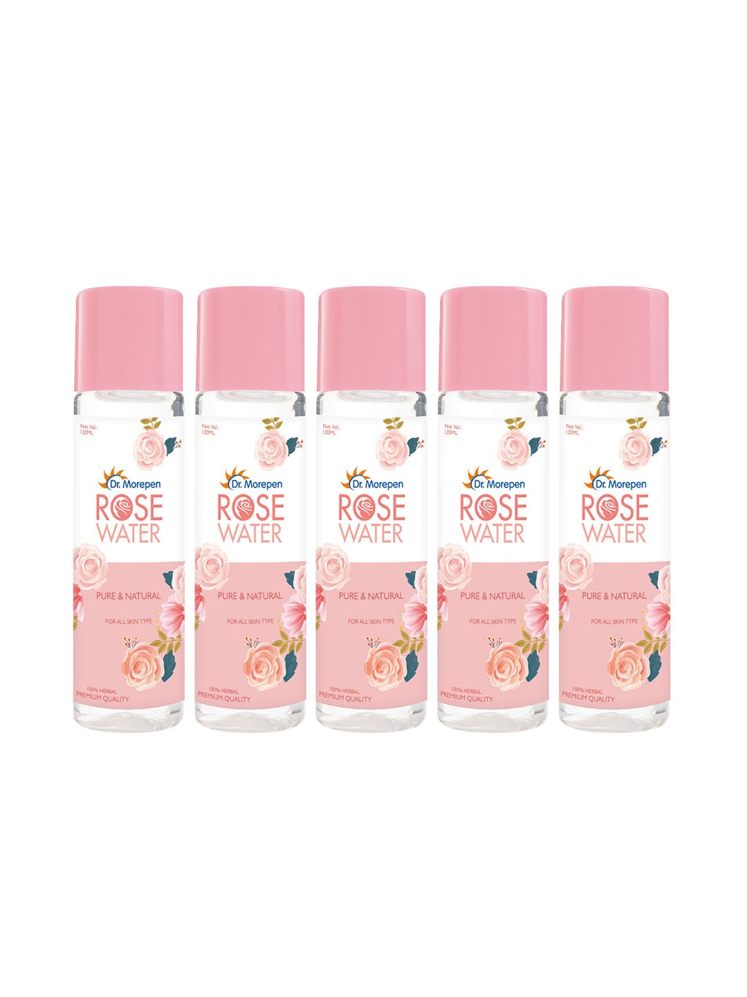 

Dr. Morepen Set of 5 Pure & Natural Rose Water Face Toner For All Skin Types - 120 ml Each, Pink