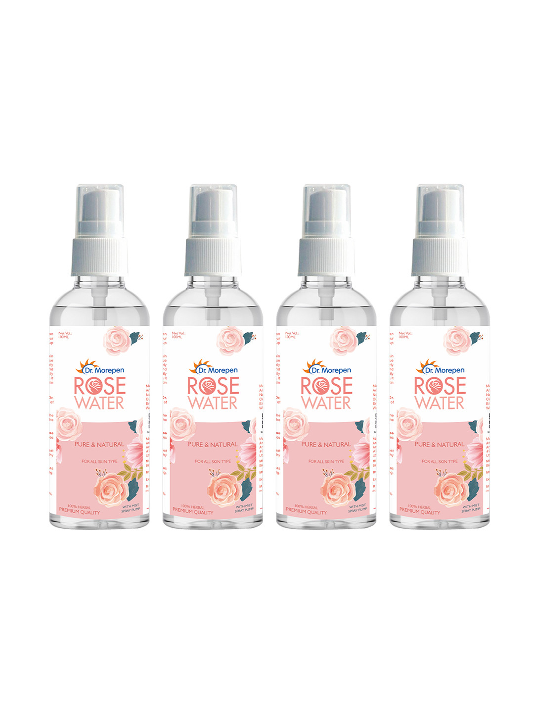 

Dr. Morepen Set of 4 Pure & Natural Rose Water Spray for All SKin Types - 100 ml Each, Transparent