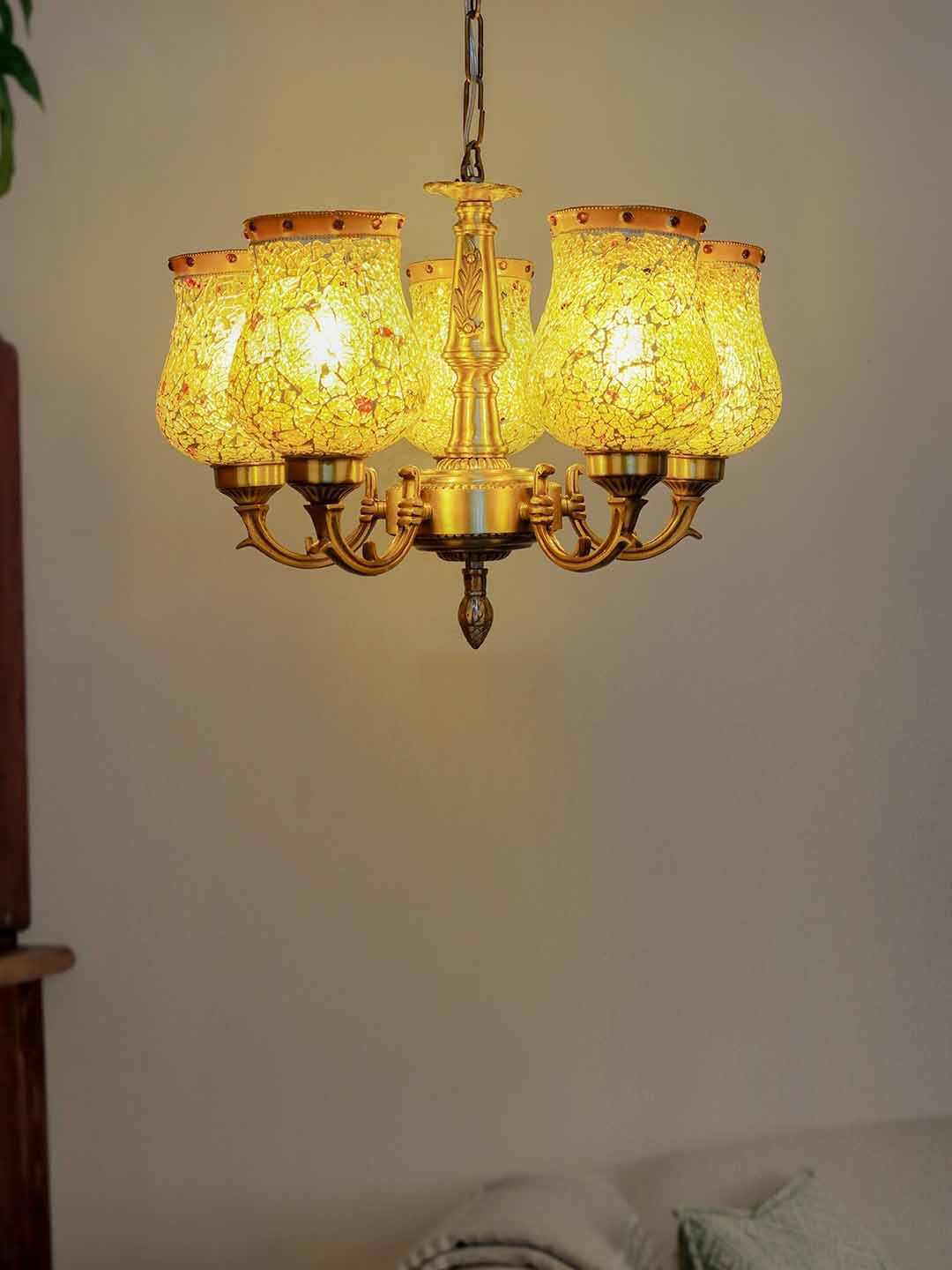 

Fos Lighting Yellow Mosaic Glass Antique 5 Light Ceiling Lamp