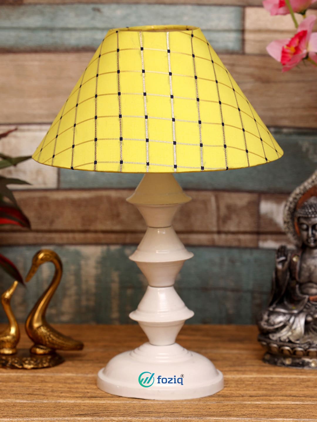 

foziq White & Yellow Printed Metal Table Lamp