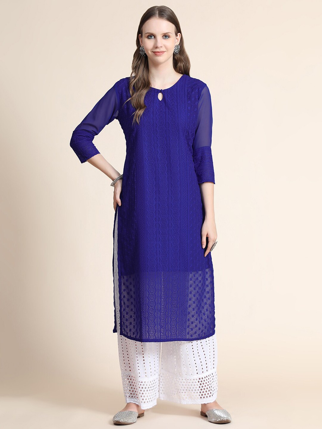 

KALINI Blue Embroidered Thread Work Pure Georgette Thread Work Kurti