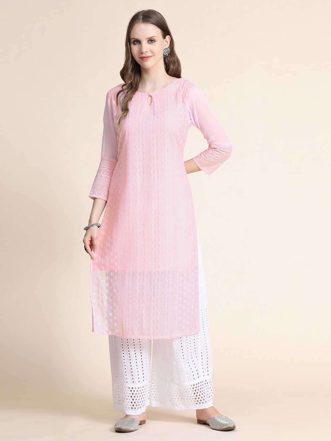 

KALINI Women Pink & White Ethnic Motifs Chikankari Kurta