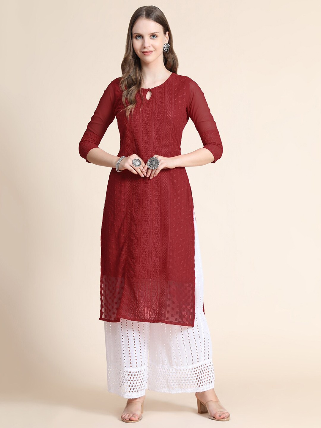 

KALINI Women Red Floral Embroidered Keyhole Neck Thread Work Georgette Kurta