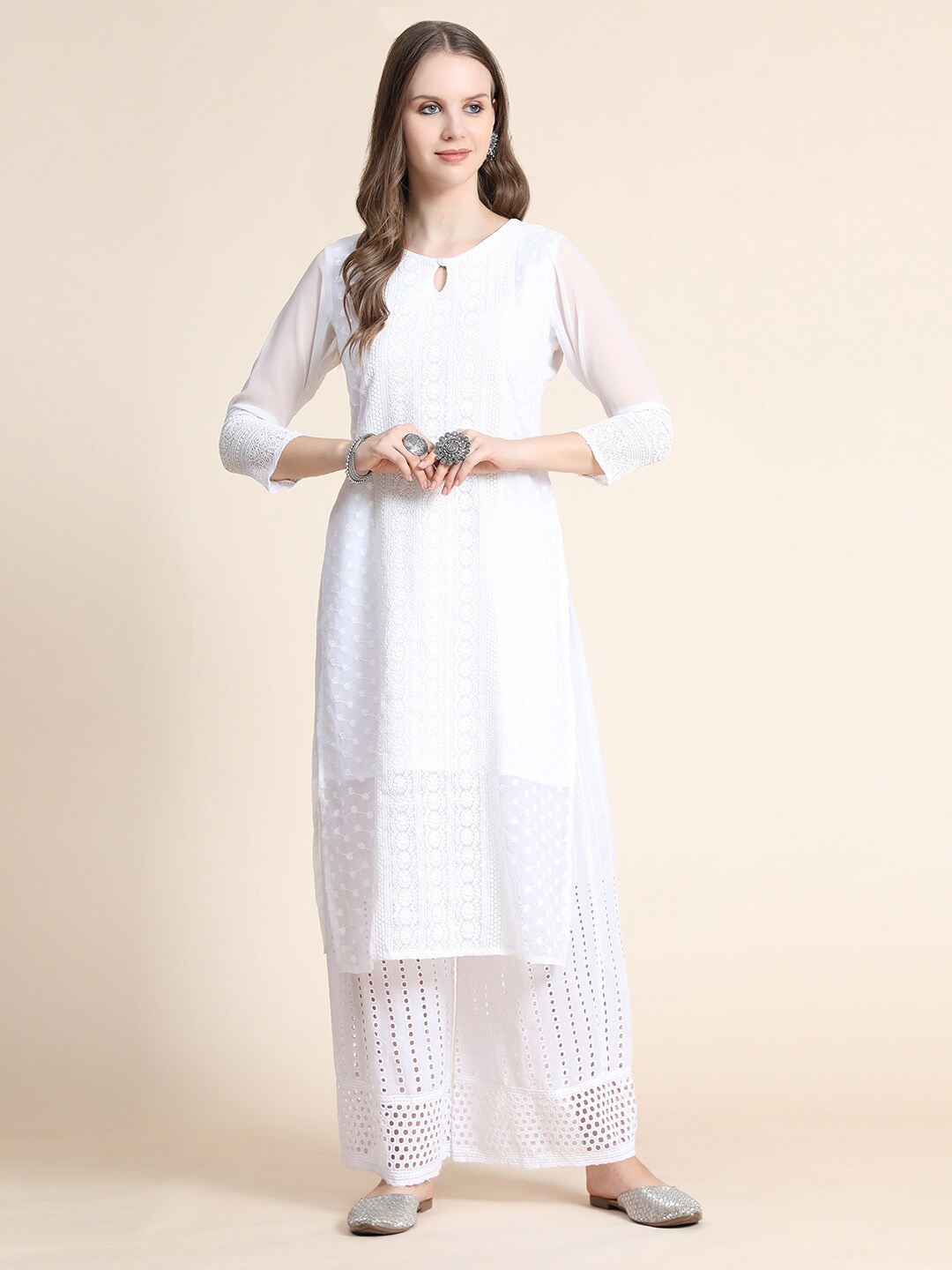 KALINI Women White Ethnic Motifs Embroidered Georgette Kurta