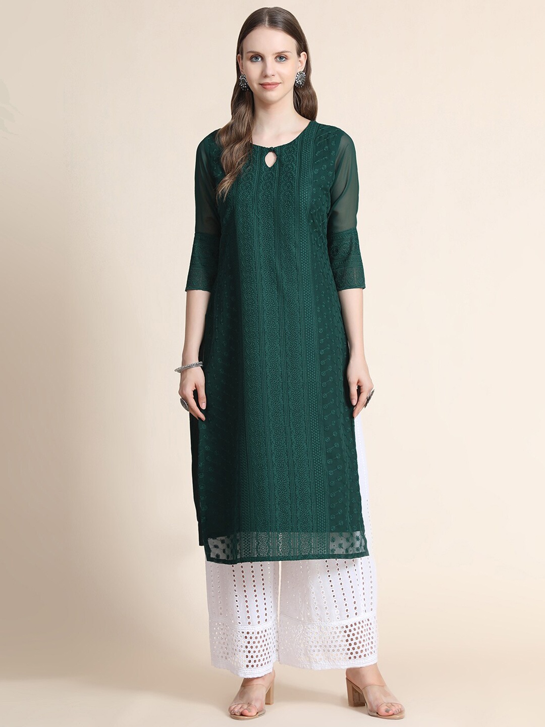

KALINI Green Embroidered Thread Work Pure Georgette Thread Work Kurti