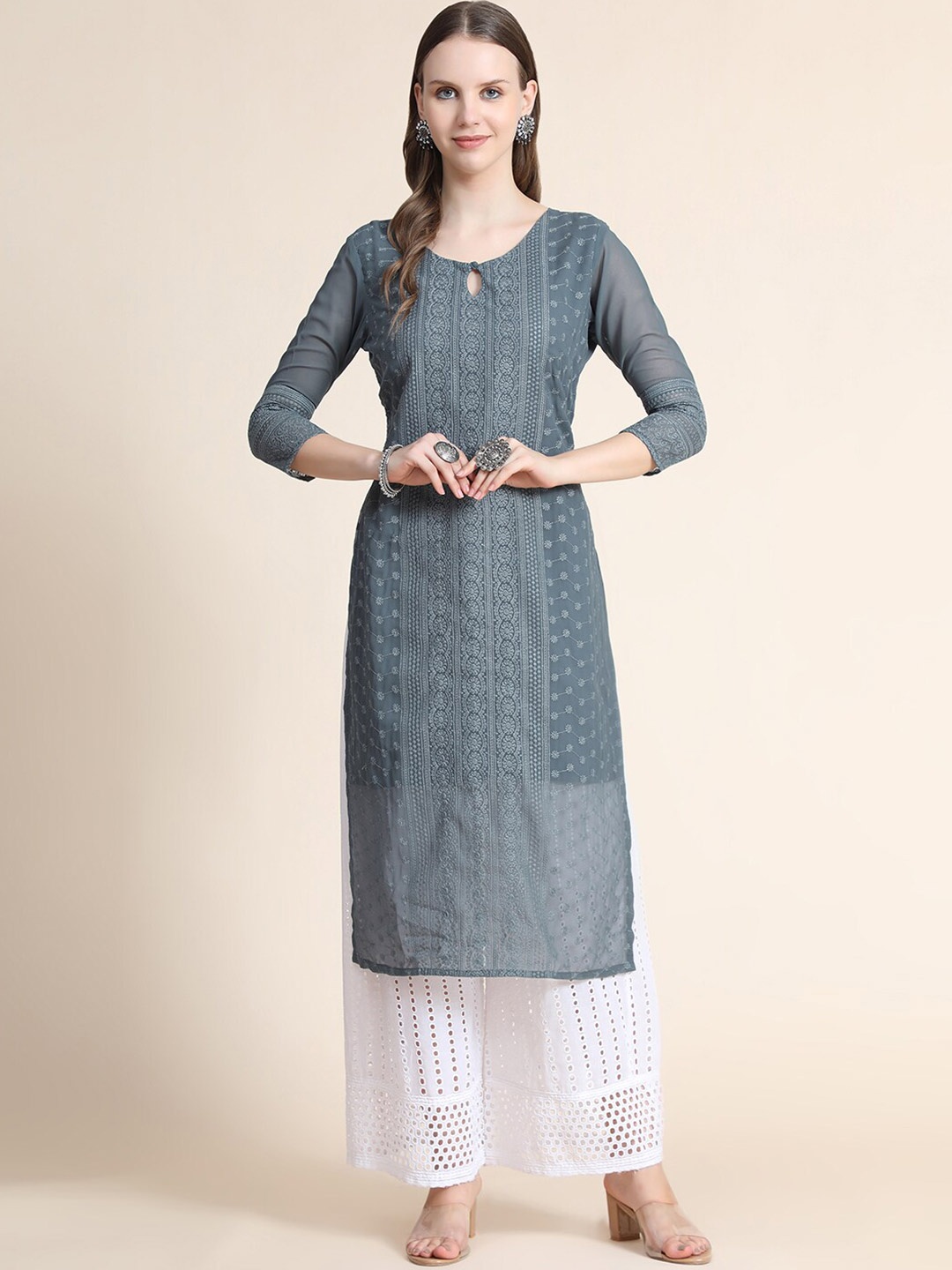 KALINI Women Charcoal Grey Ethnic Motifs Embroidered Georgette Kurta