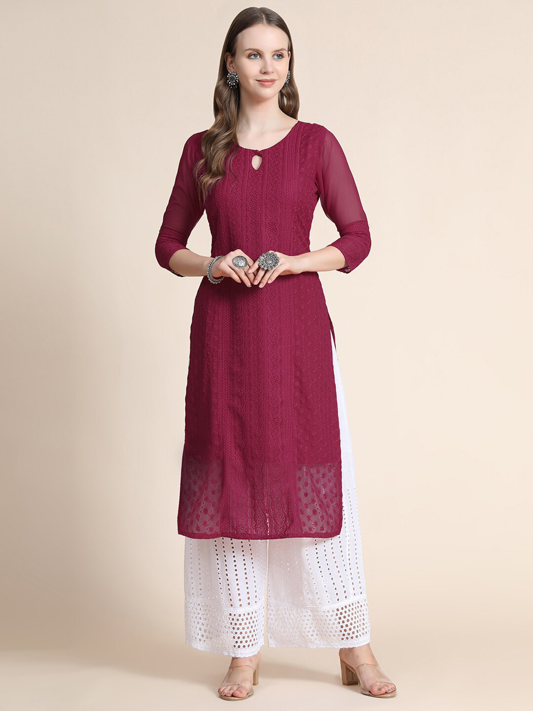 

KALINI Women Magenta Floral Embroidered Keyhole Neck Thread Work Pure Georgette Kurta