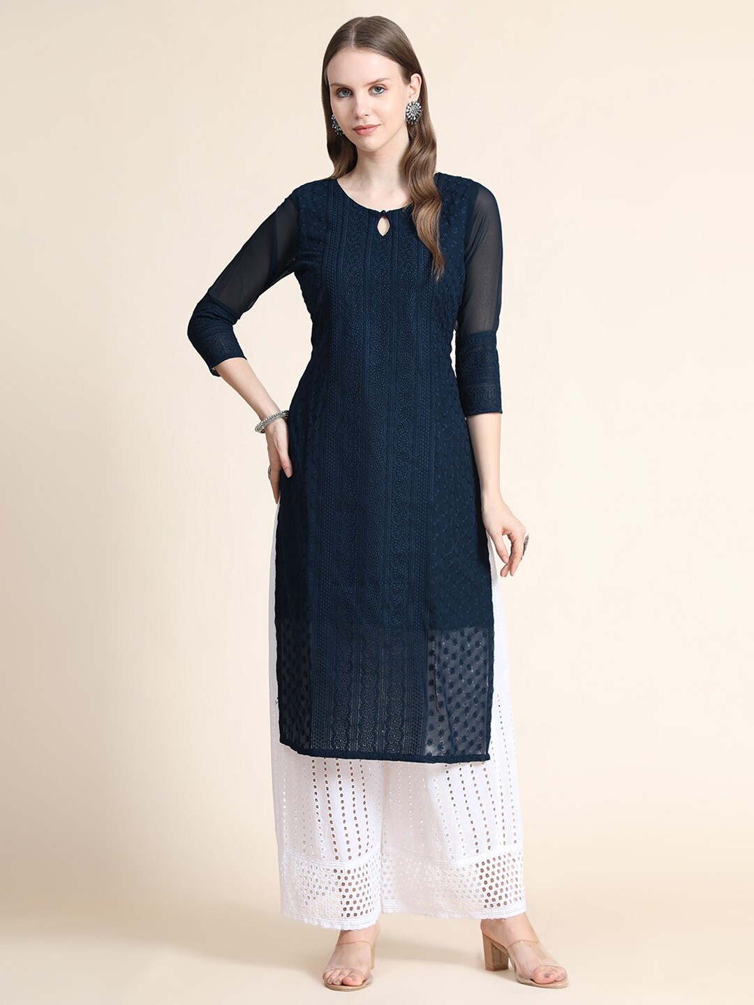 

KALINI Women Blue Embroidered Thread Work Floral Georgette Kurta