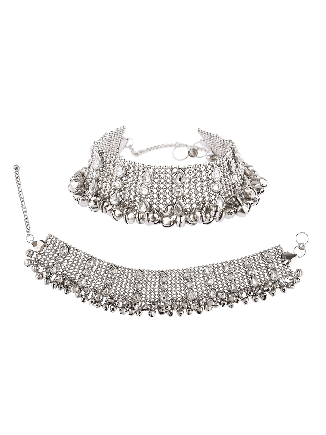 

FEMMIBELLA Silver Oxidized Broad Kundan Anklet With Ghungroo