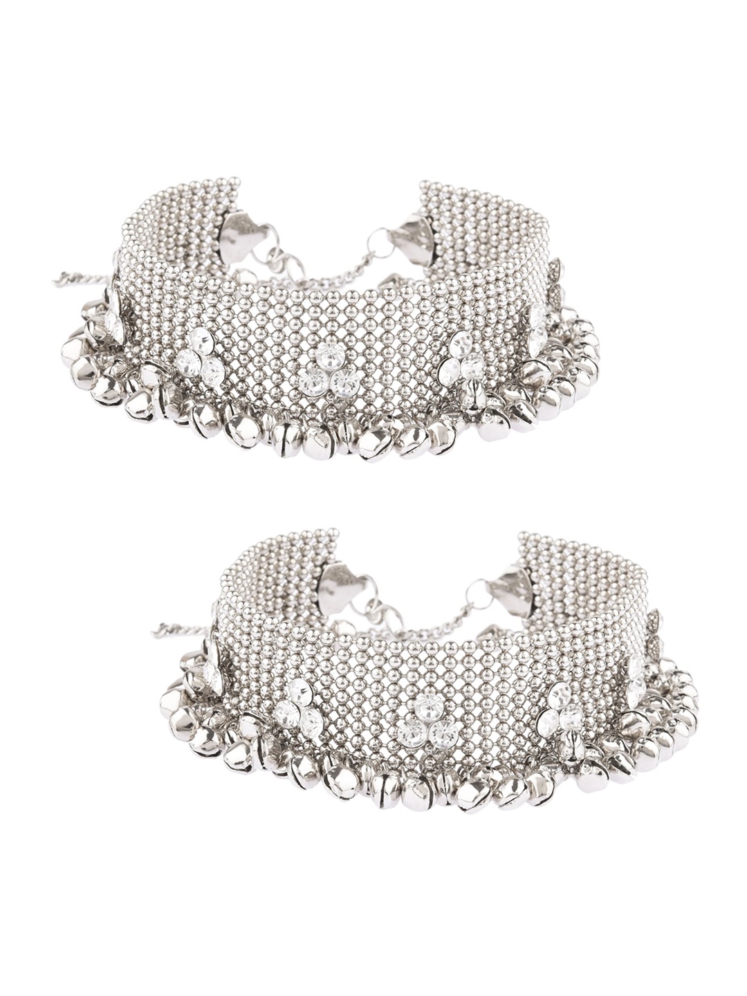 

FEMMIBELLA Silver-Plated White Kundan-Studded Anklets