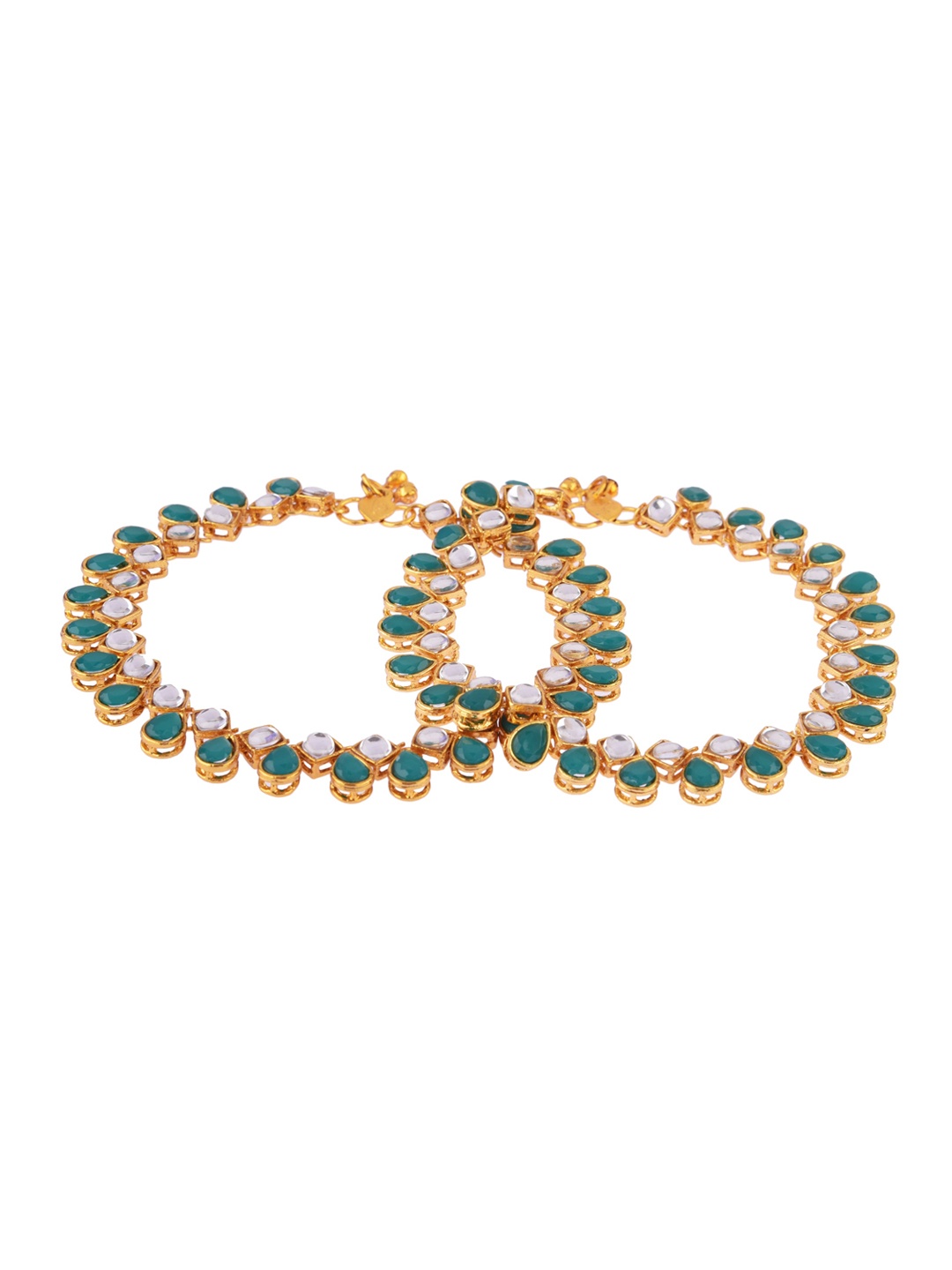 

FEMMIBELLA Set Of 2 Gold-Plated White & Green-Kundan Studded Anklet