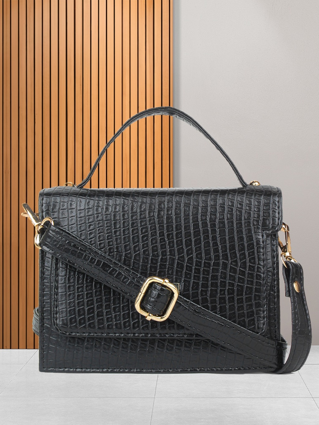 

yelloe Black Textured Structured Sling Bag