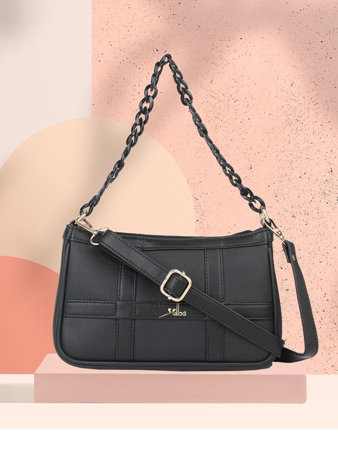 

yelloe Black Textured Leather Structured Sling Bag