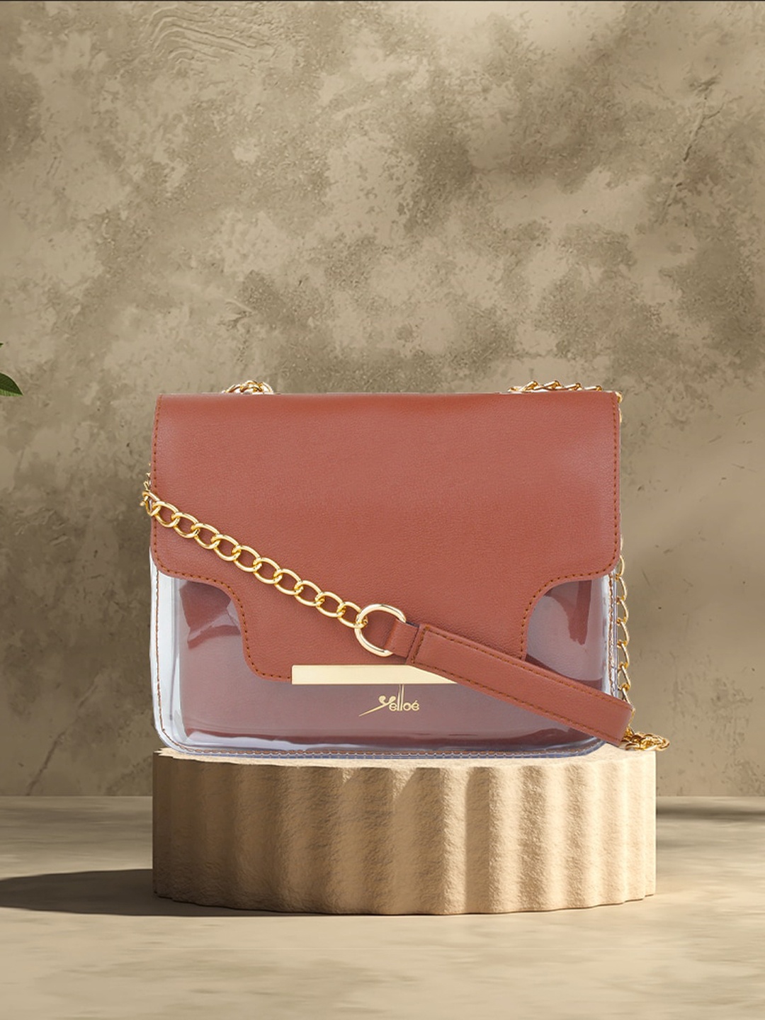 

yelloe Brown Structured Handheld Bag with Cut Work