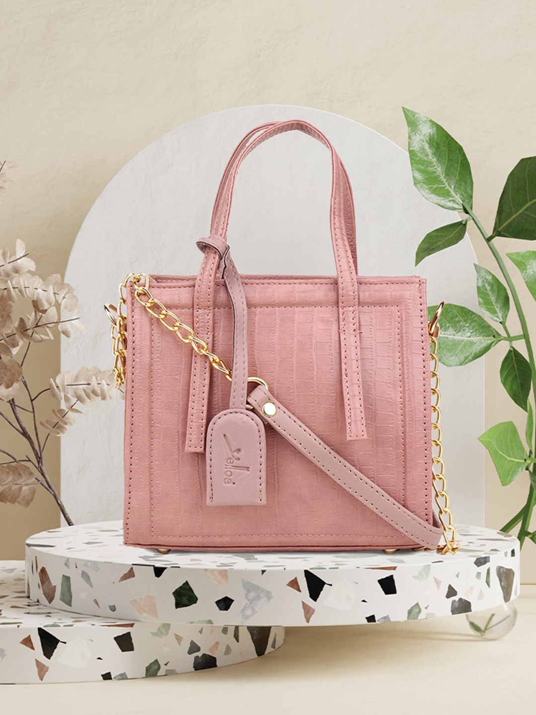 

yelloe Pink Structured Handheld Textured Bag with Applique