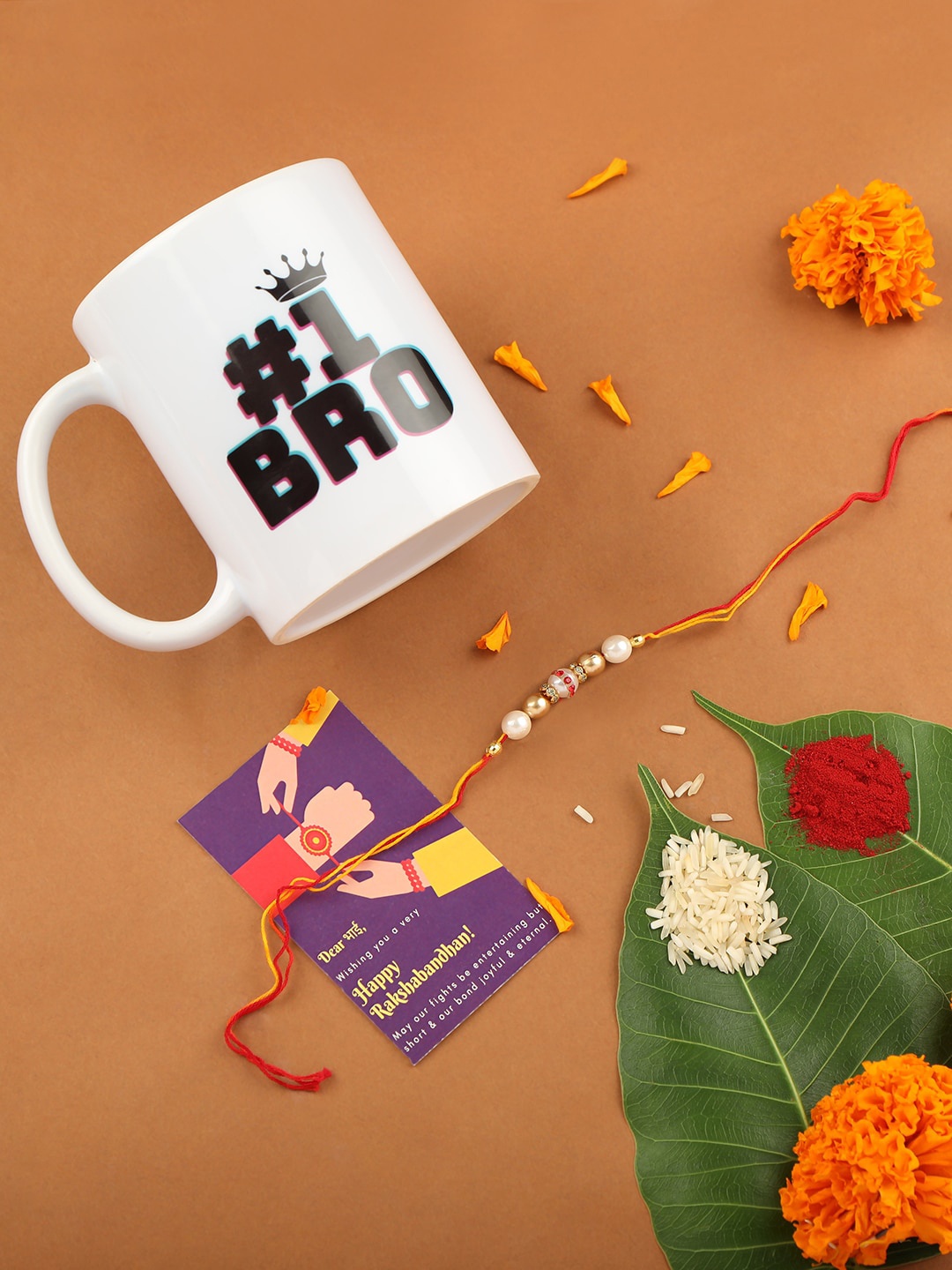 

Accessher Gift Set of 3 Beads Rakhi with Mug & Greeting Card, White