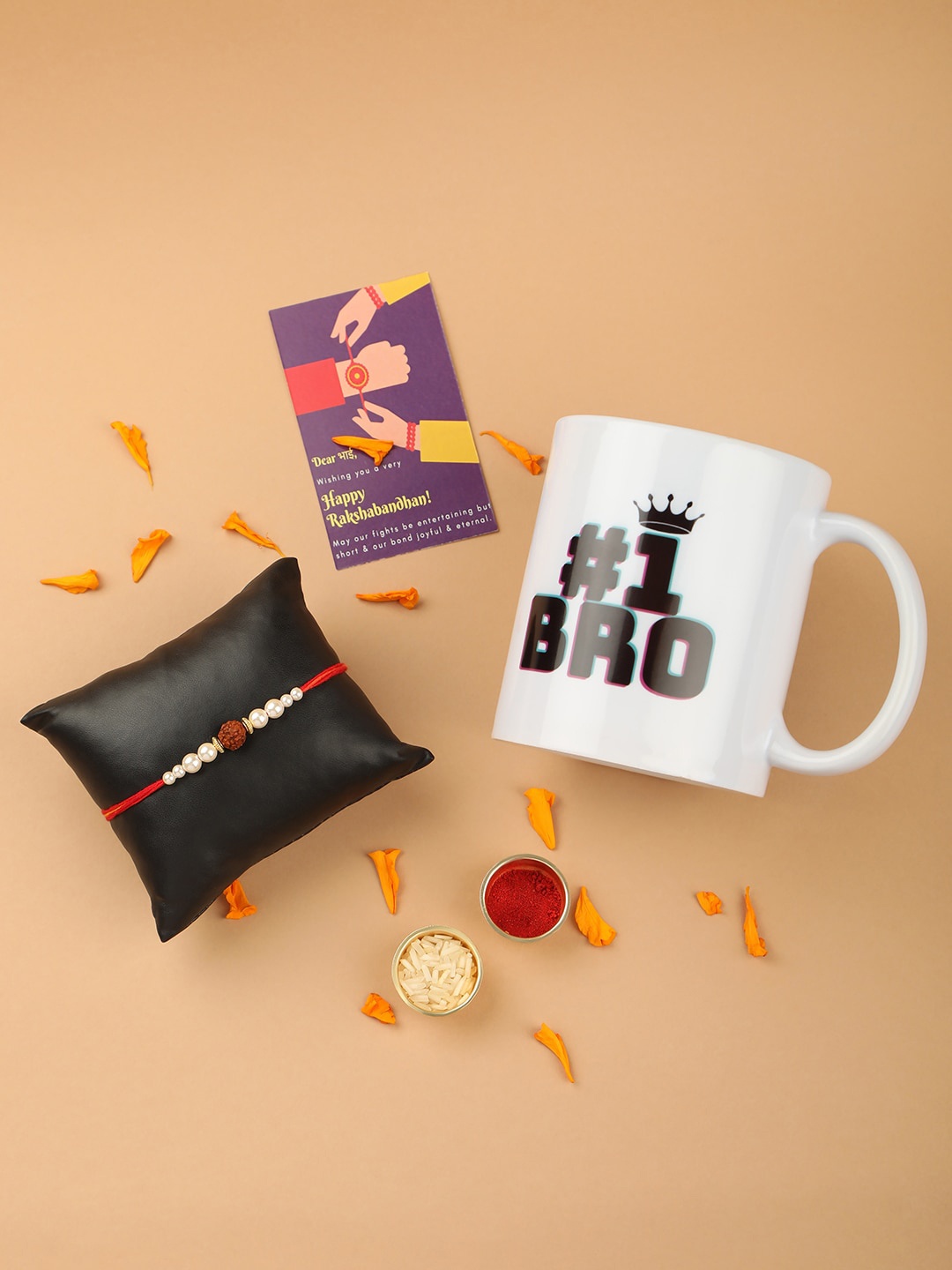 

AccessHer Rudraksha Rakhi With Roli Chawal Mug & Card, Gold