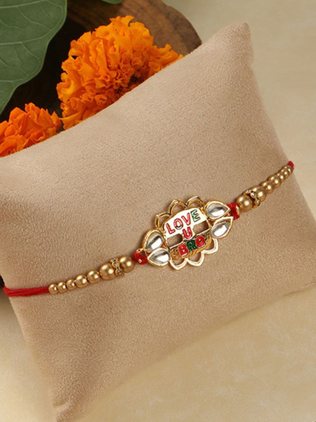 

AccessHer Gold & Red Love You Bro Rakhi With Roli Chawal Cup & Card