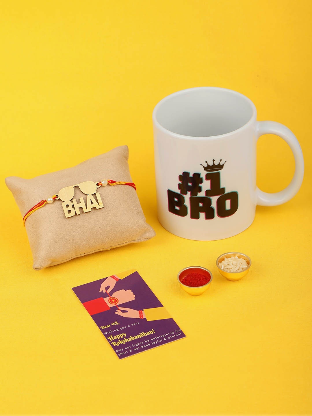 

Accessher Gift Set of 3 Quirky Rakhi with Mug & Greeting Card, Gold