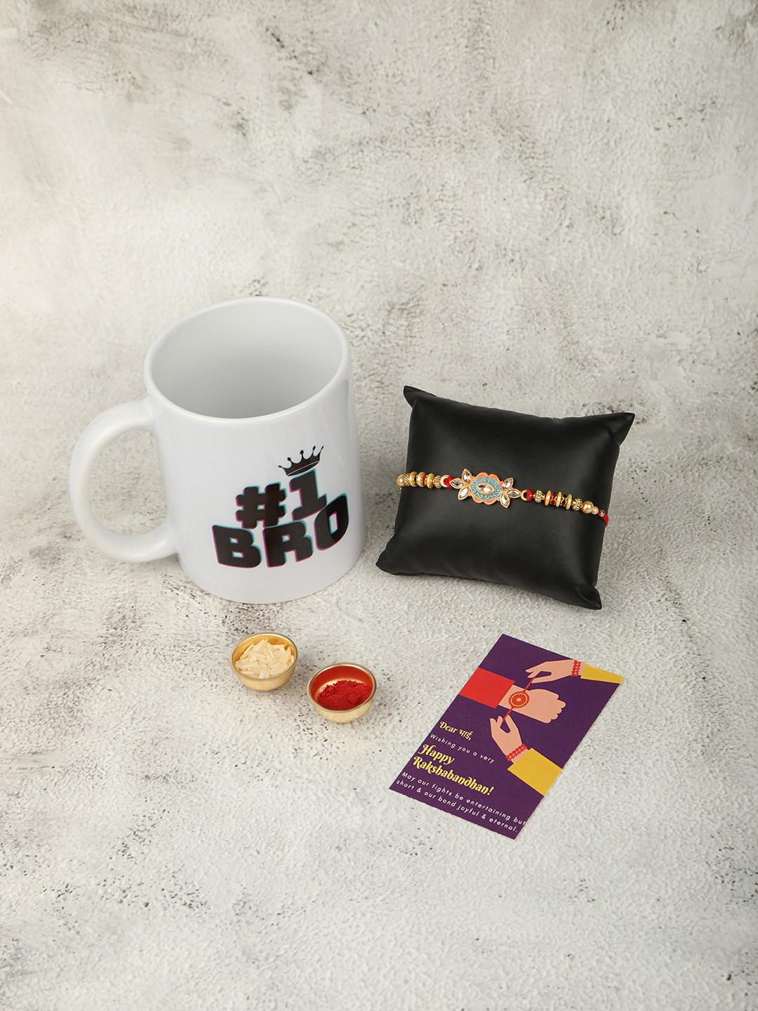 

Accessher Gift Set of 3 Enamel Rakhi with Mug & Greeting Card, Gold