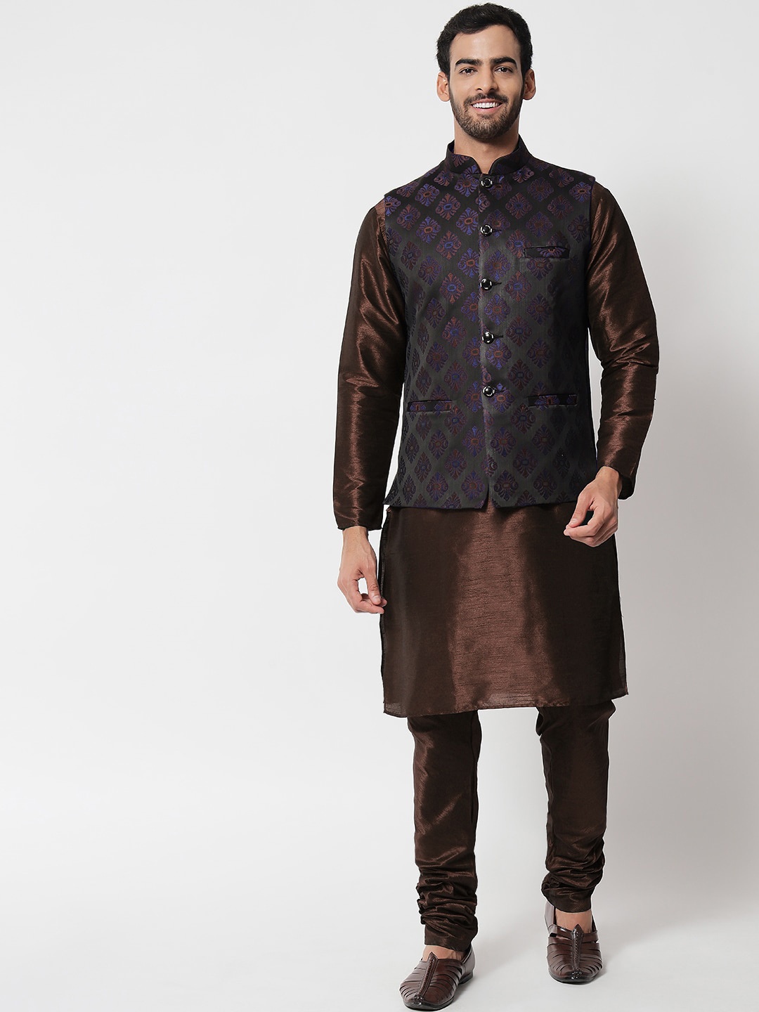

SG LEMAN Men Coffee Brown Raw Silk Kurta with Churidar and Woven Design Nehru Jacket