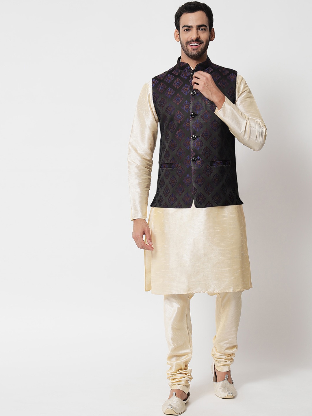 

SG LEMAN Men Navy Blue Layered Raw Silk Kurta with Churidar