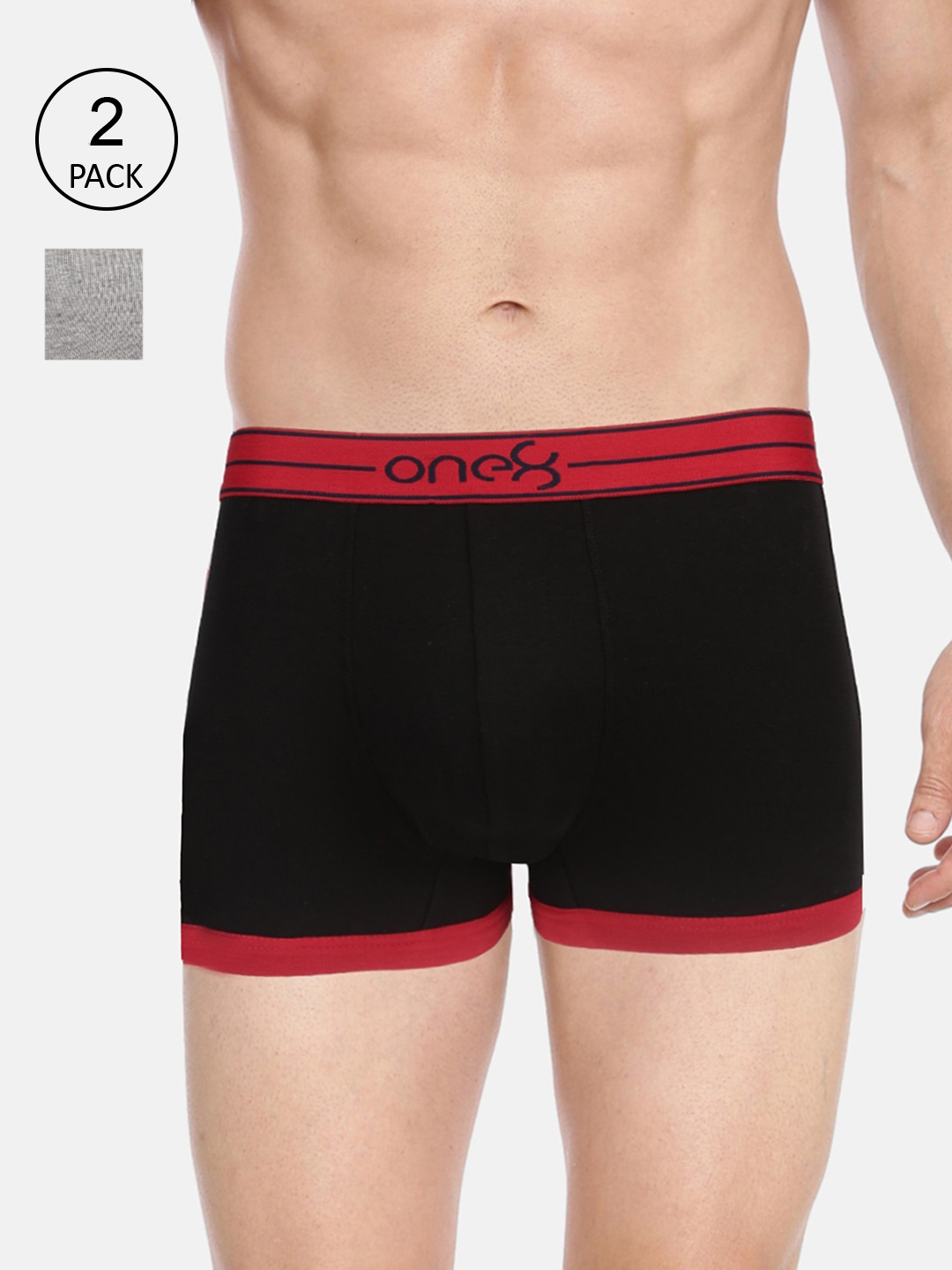 

one8 by Virat Kohli Men Pack of 2 Grey Melange and Black Solid Pure Cotton Trunk 115-PO2-