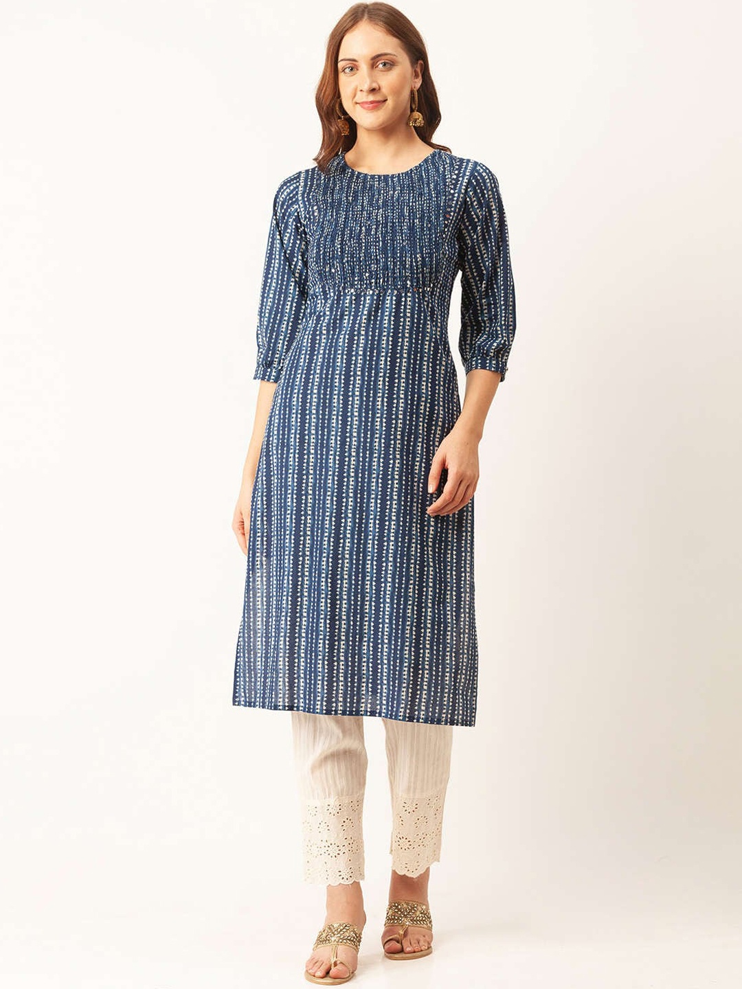 

ZOLA Women Blue & Off-White Striped Pure Cotton Kurta with Trousers