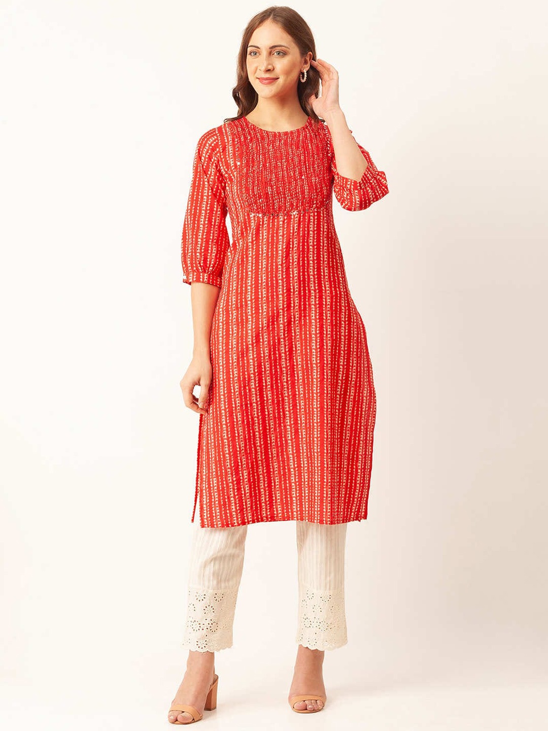 

ZOLA Women Red Striped Pleated Pure Cotton Kurta with Trousers