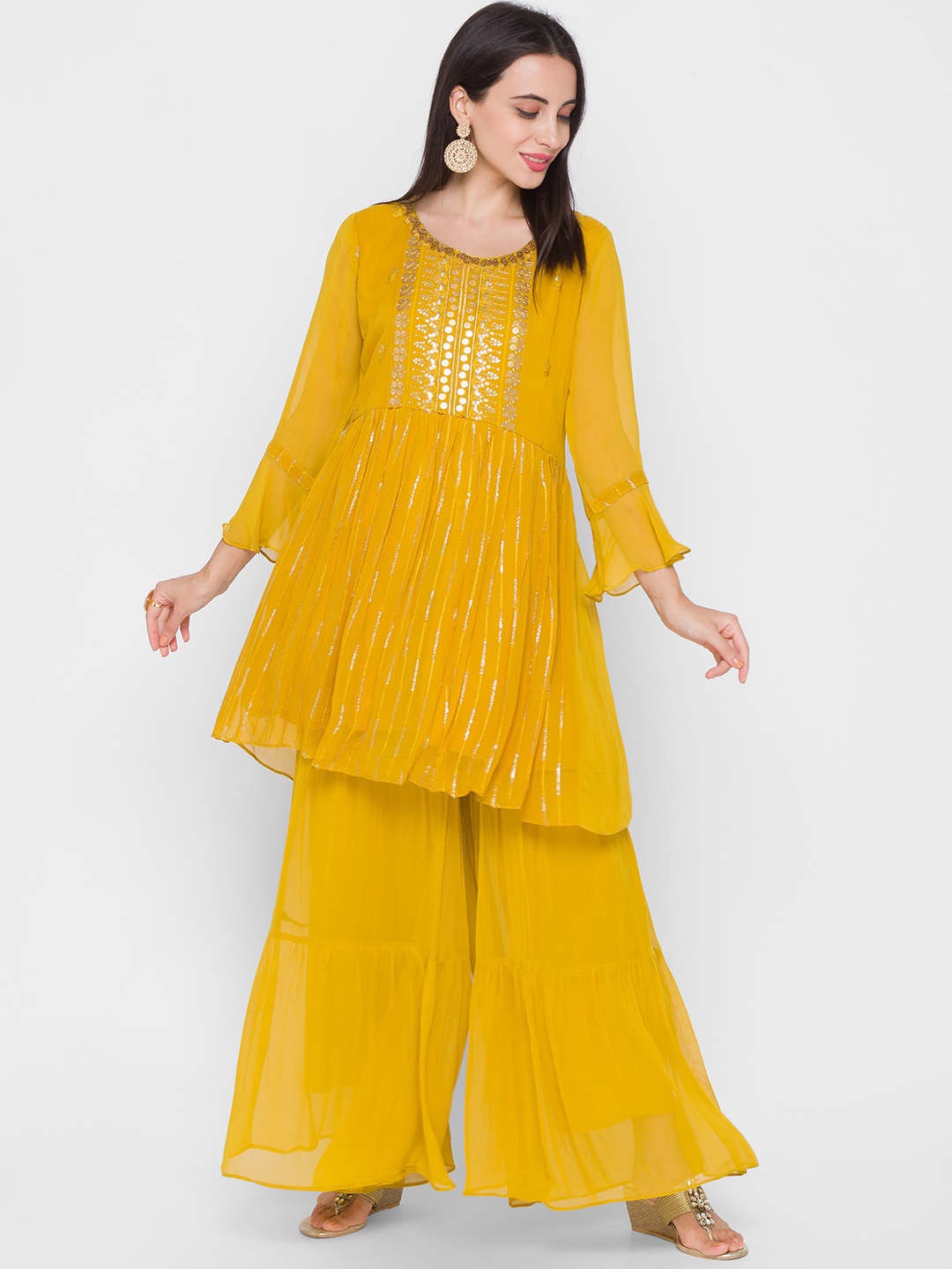 

ZOLA Women Embellished Panelled Kurta with Sharara, Mustard