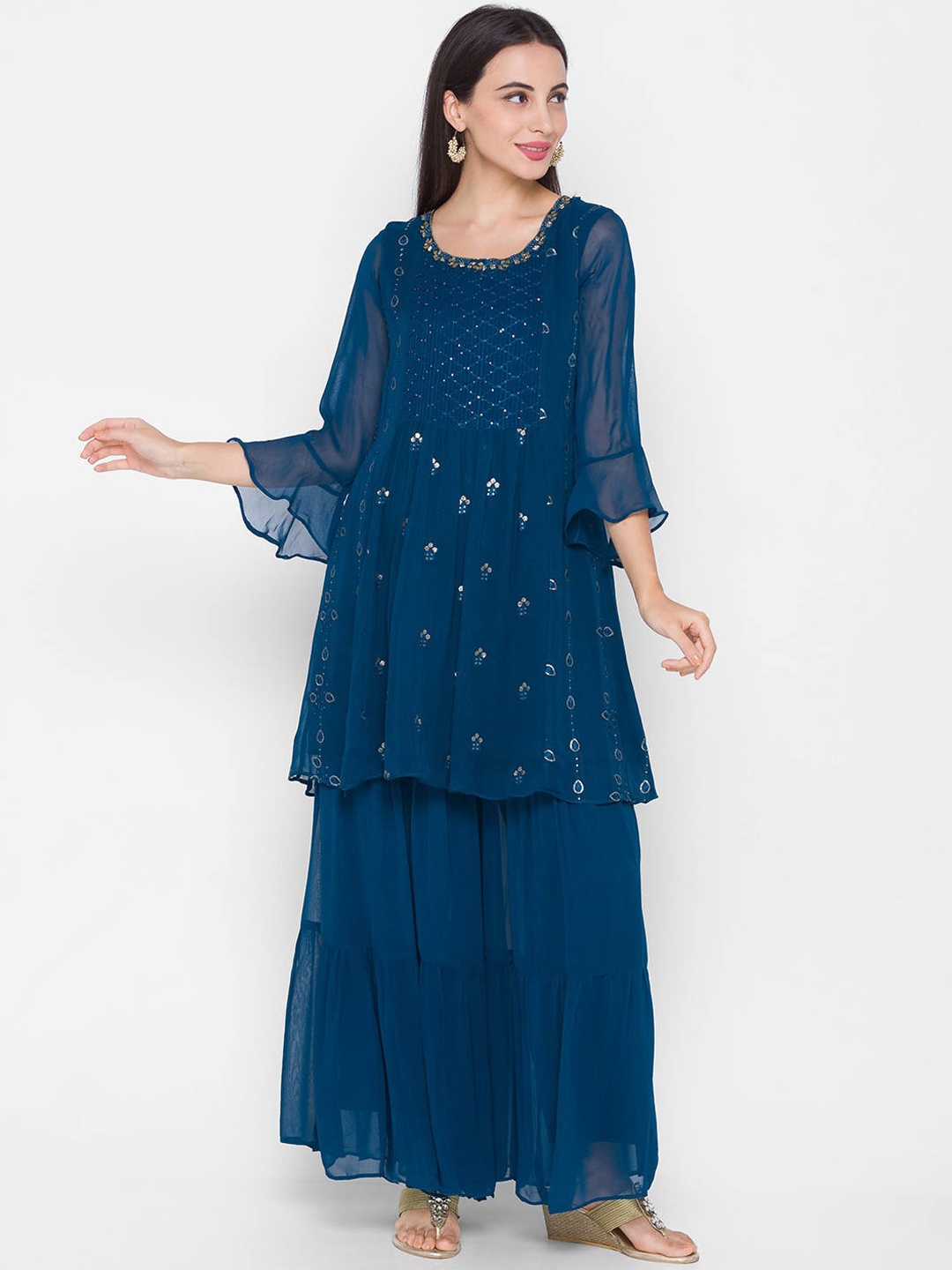 

ZOLA Women Teal Ethnic Motifs Embroidered Empire Kurta with Palazzos
