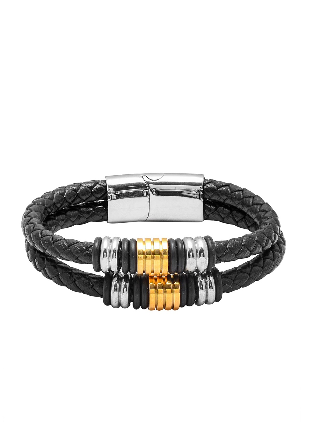 

bodha Men Black & Silver-Toned Stainless Steel and Leather Wraparound Bracelet