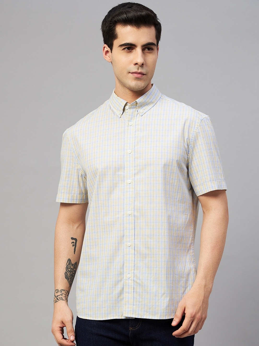 

Marks & Spencer Men Yellow & Blue Pure Cotton Grid Tattersall Checked Casual Shirt