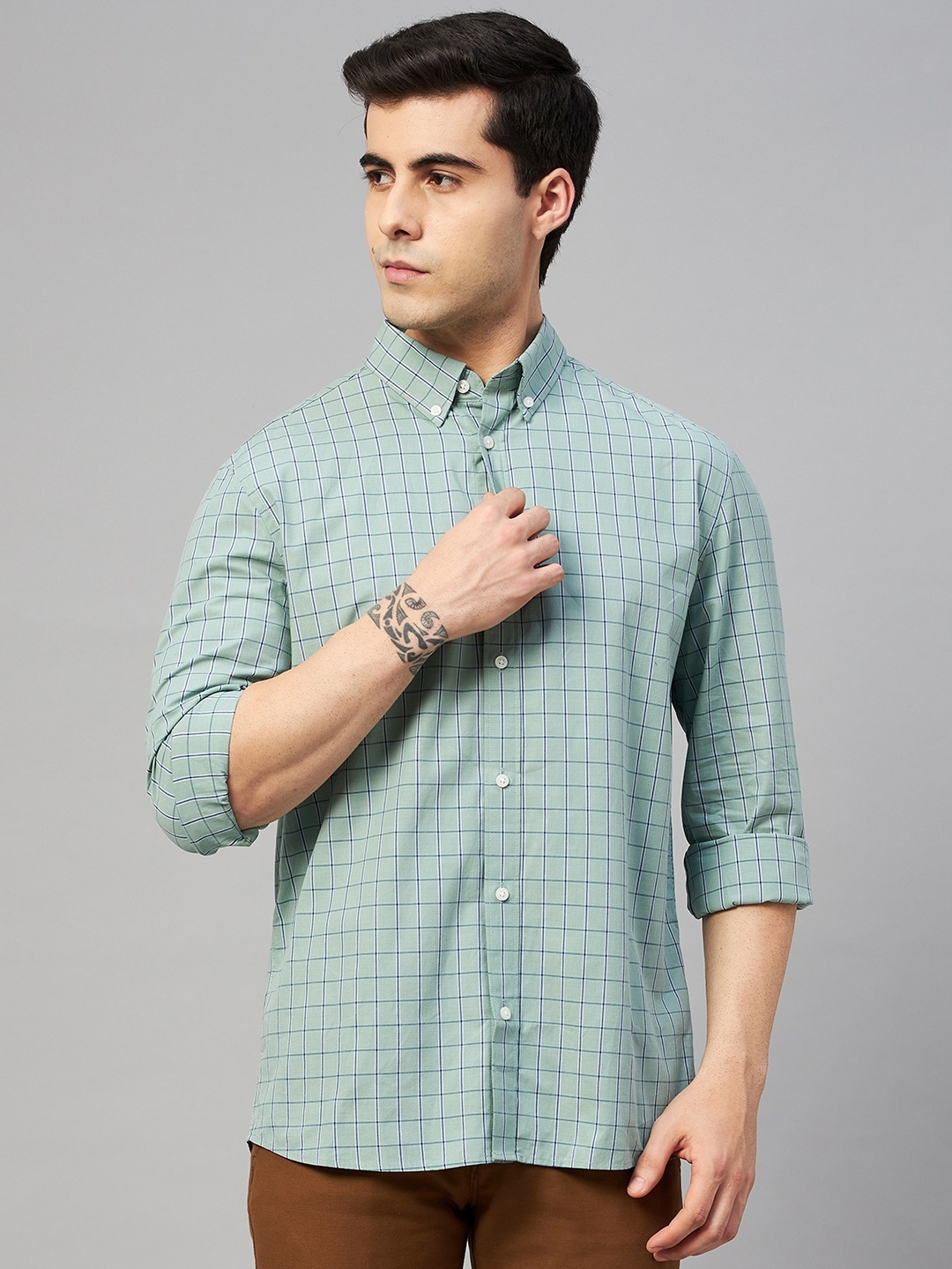 

Marks & Spencer Men Green & Blue Pure Cotton Gingham Checked Casual Shirt