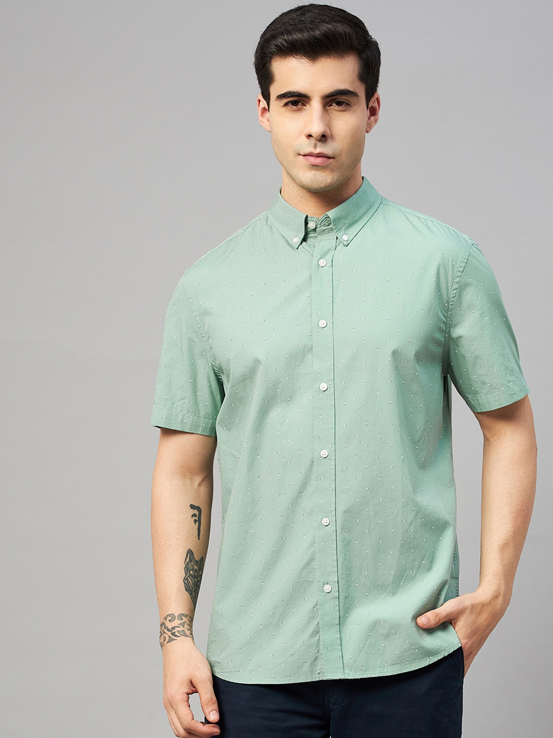 

Marks & Spencer Men Green & White Printed Pure Cotton Casual Shirt