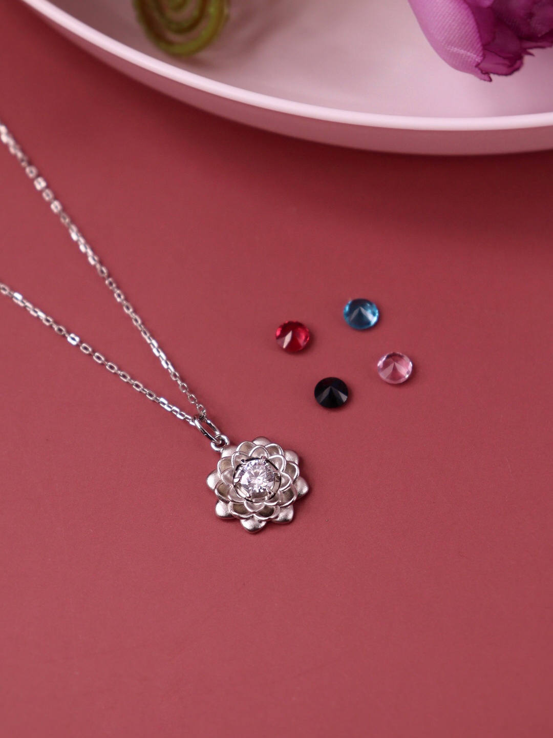 

SILBERRY Silver-Plated & Toned White CZ Studded Floral Petal Shaped Pendant With Chain