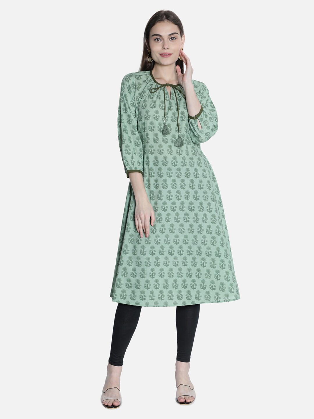 

See Designs Green Ethnic Motifs Tie-Up Neck A-Line Dress