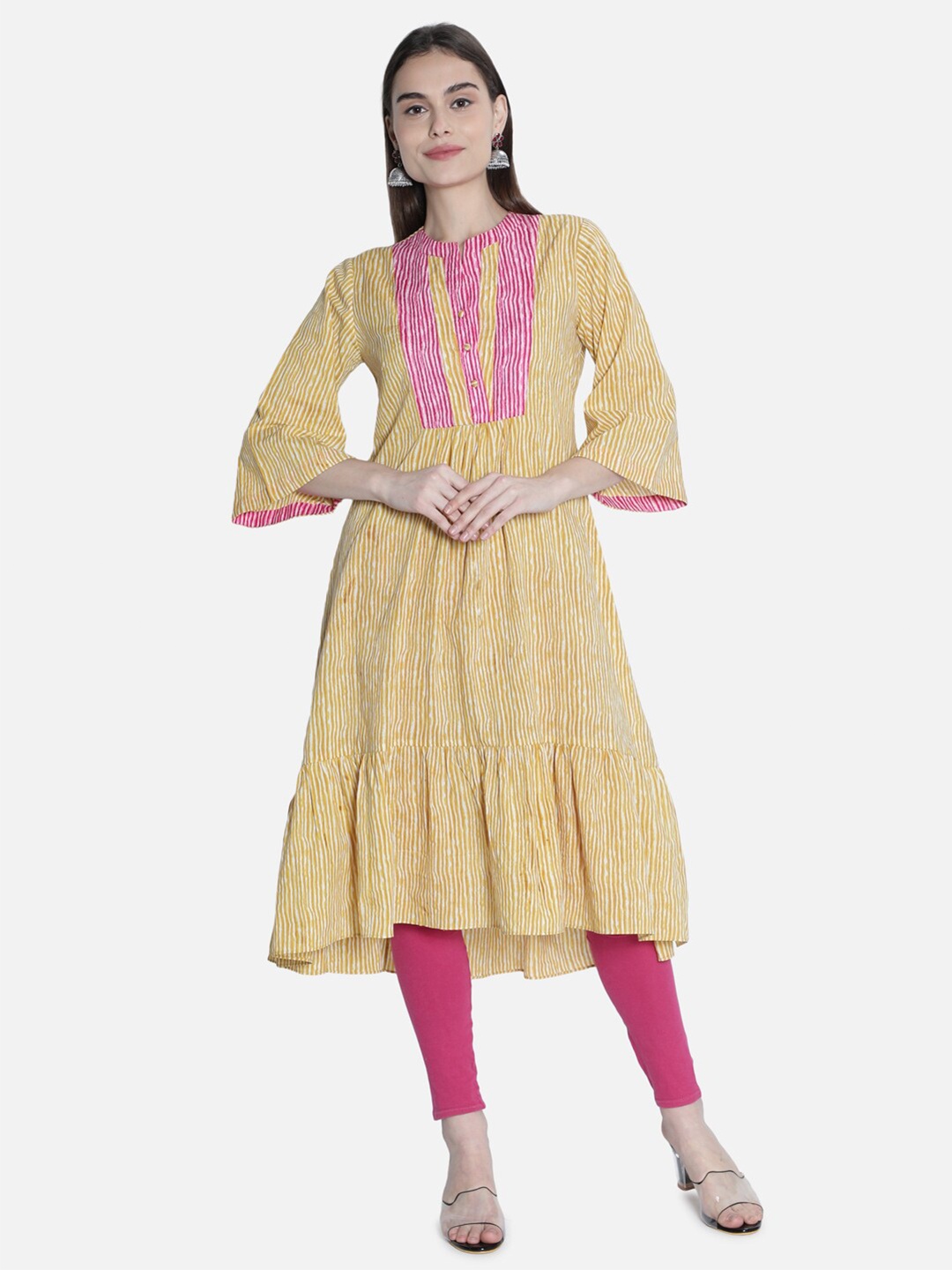 

See Designs Women Mustard Yellow & Pink Striped Flared Sleeved Pure Cotton Anarkali Kurta