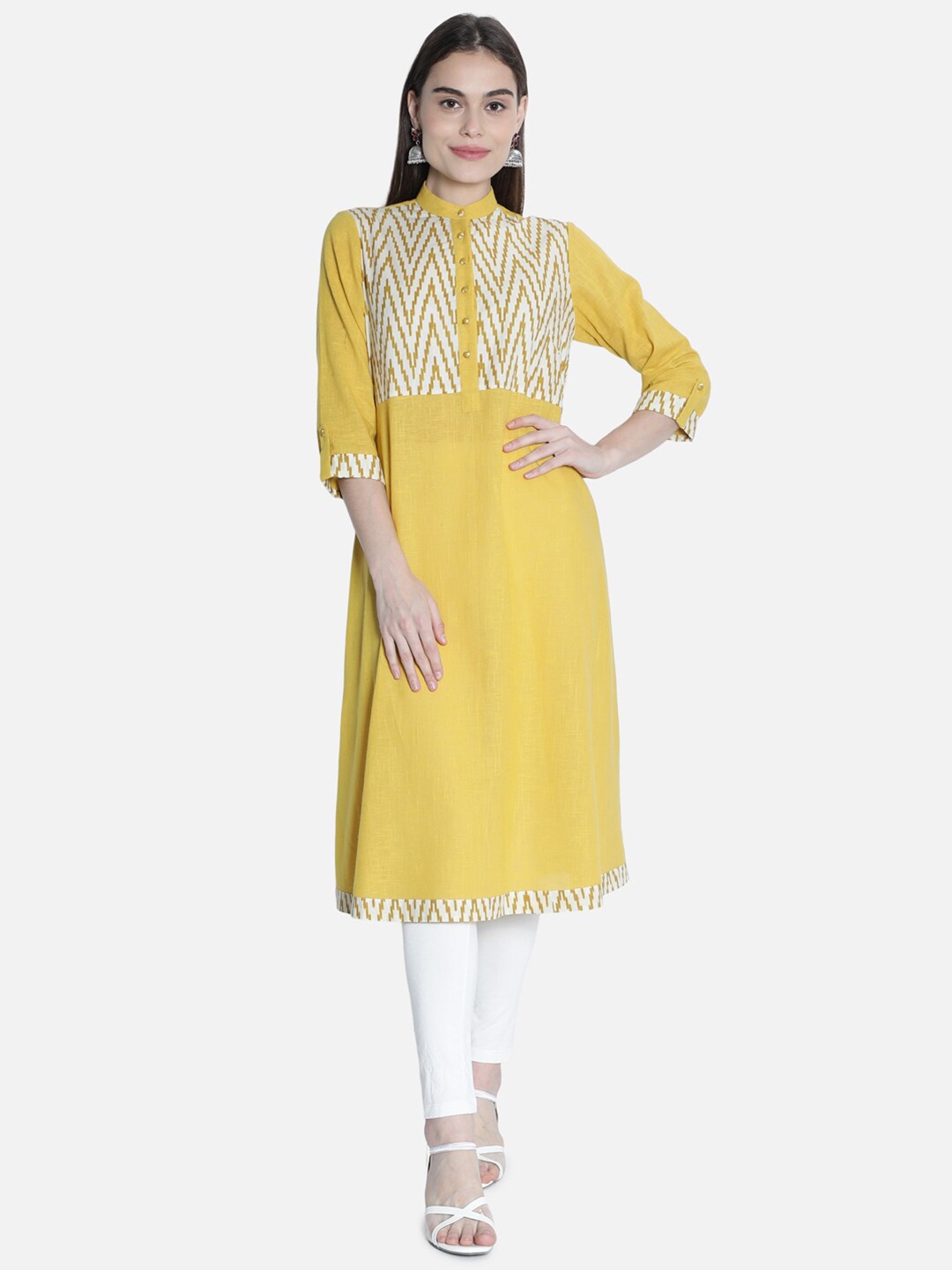 

See Designs Women Mustard Yellow & White Geometric Yoke Design Cotton Kurta