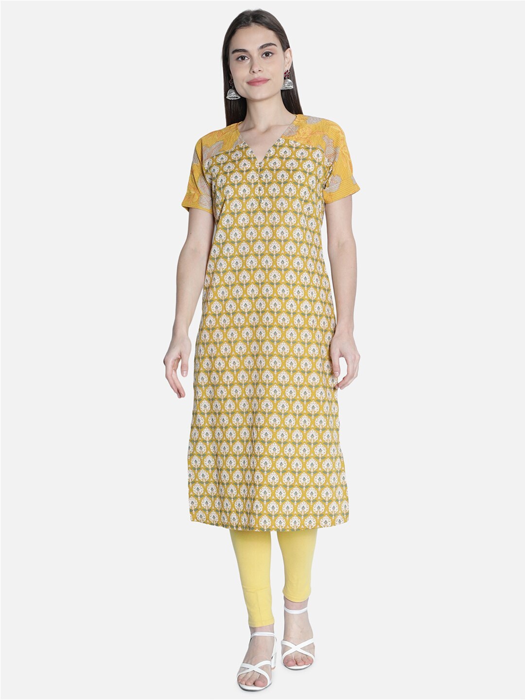 

See Designs Mustard Yellow & Green Ethnic Motifs A-Line Dress & Plus Size