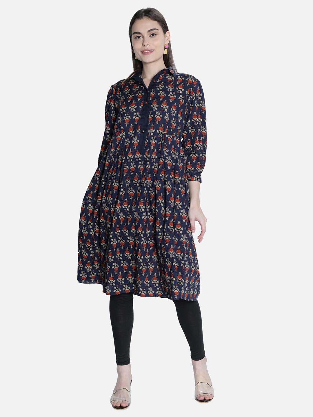 

See Designs Women Blue Floral Printed Cotton A-Line Dress
